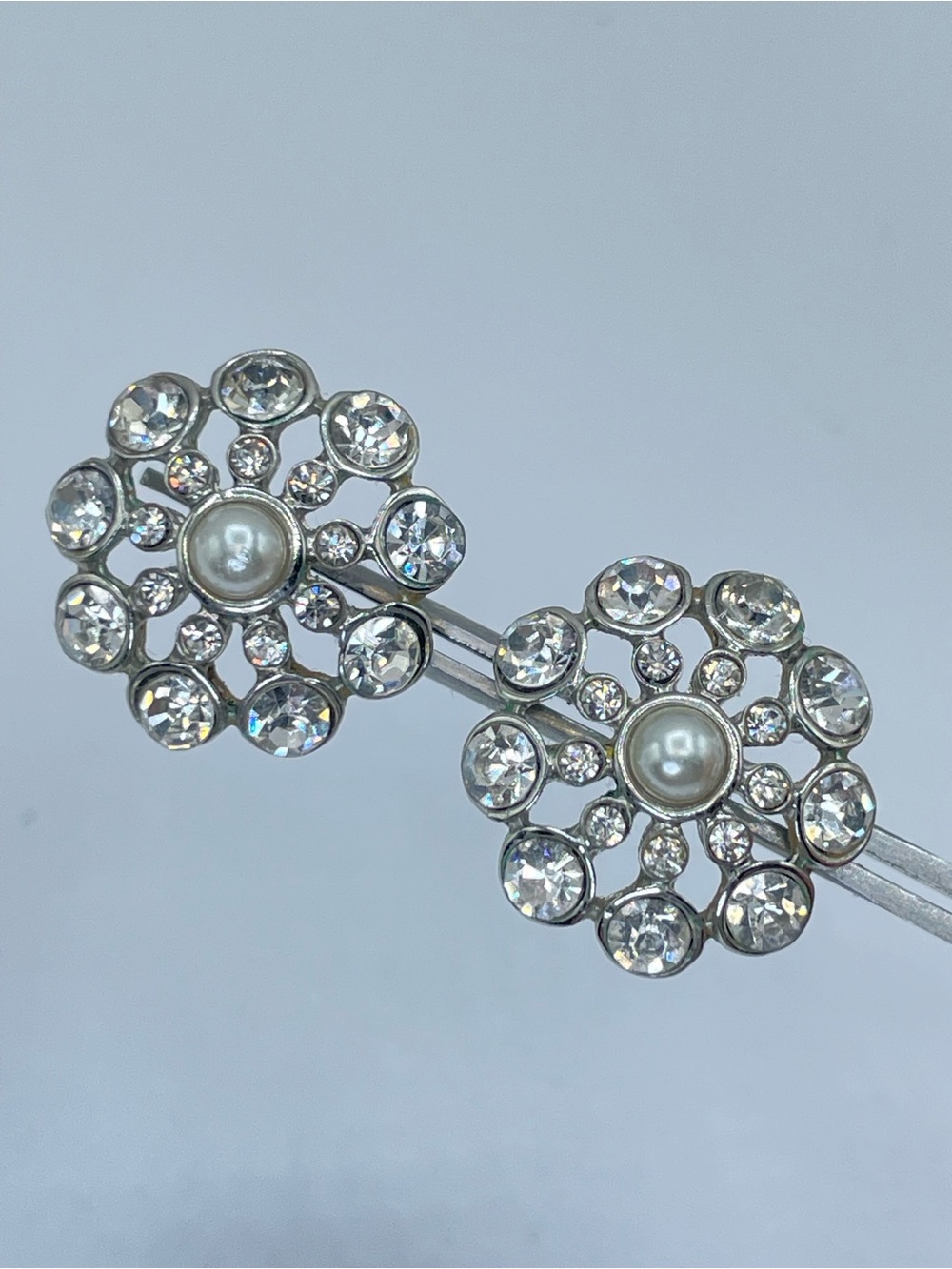 RMN Silver Tone Faux Pearl Clear Rhinestone Floral Stud Earrings